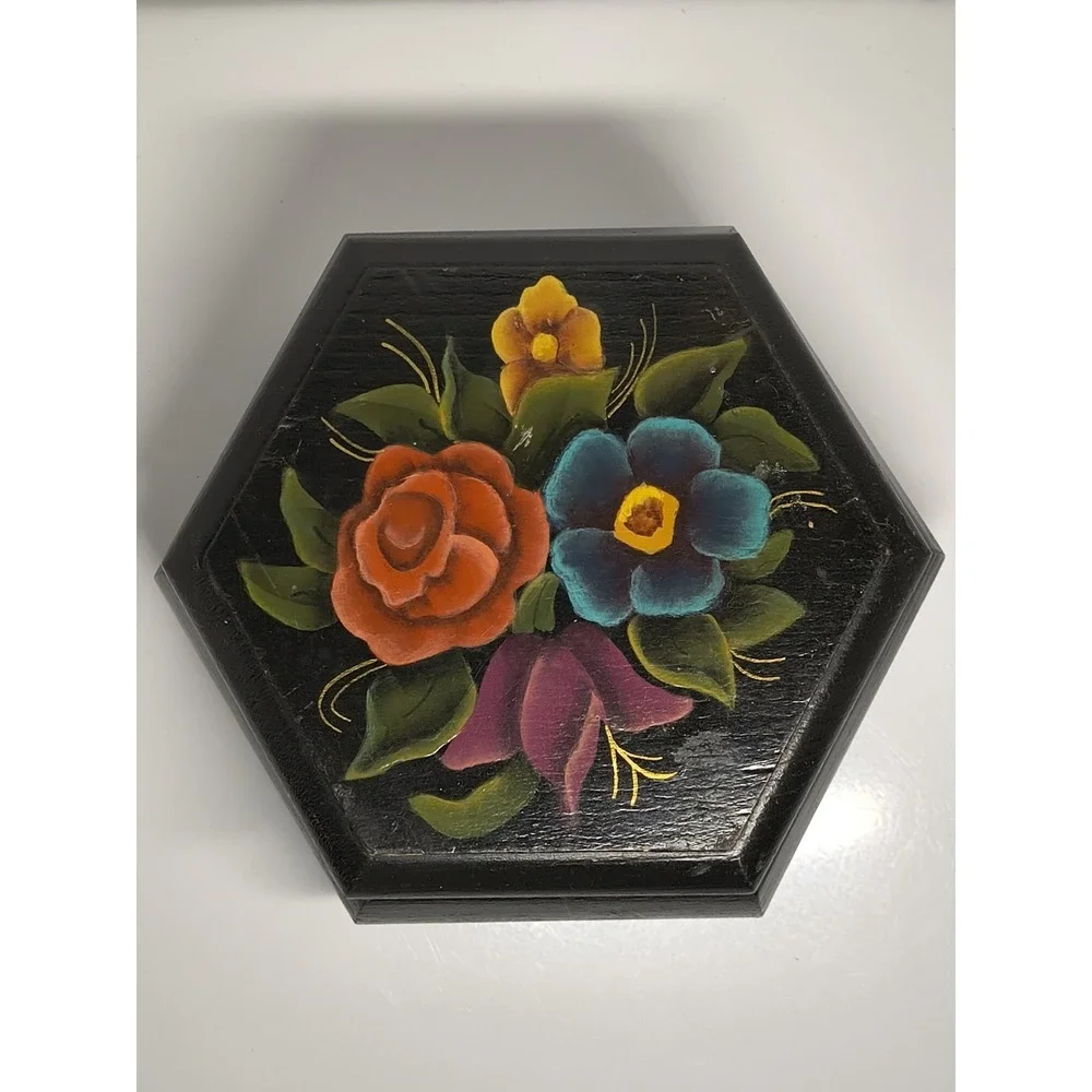 Vintage Black Wood Box Signed Hand Painted Flower Design ~ Jewelry‎ Trinket Gift